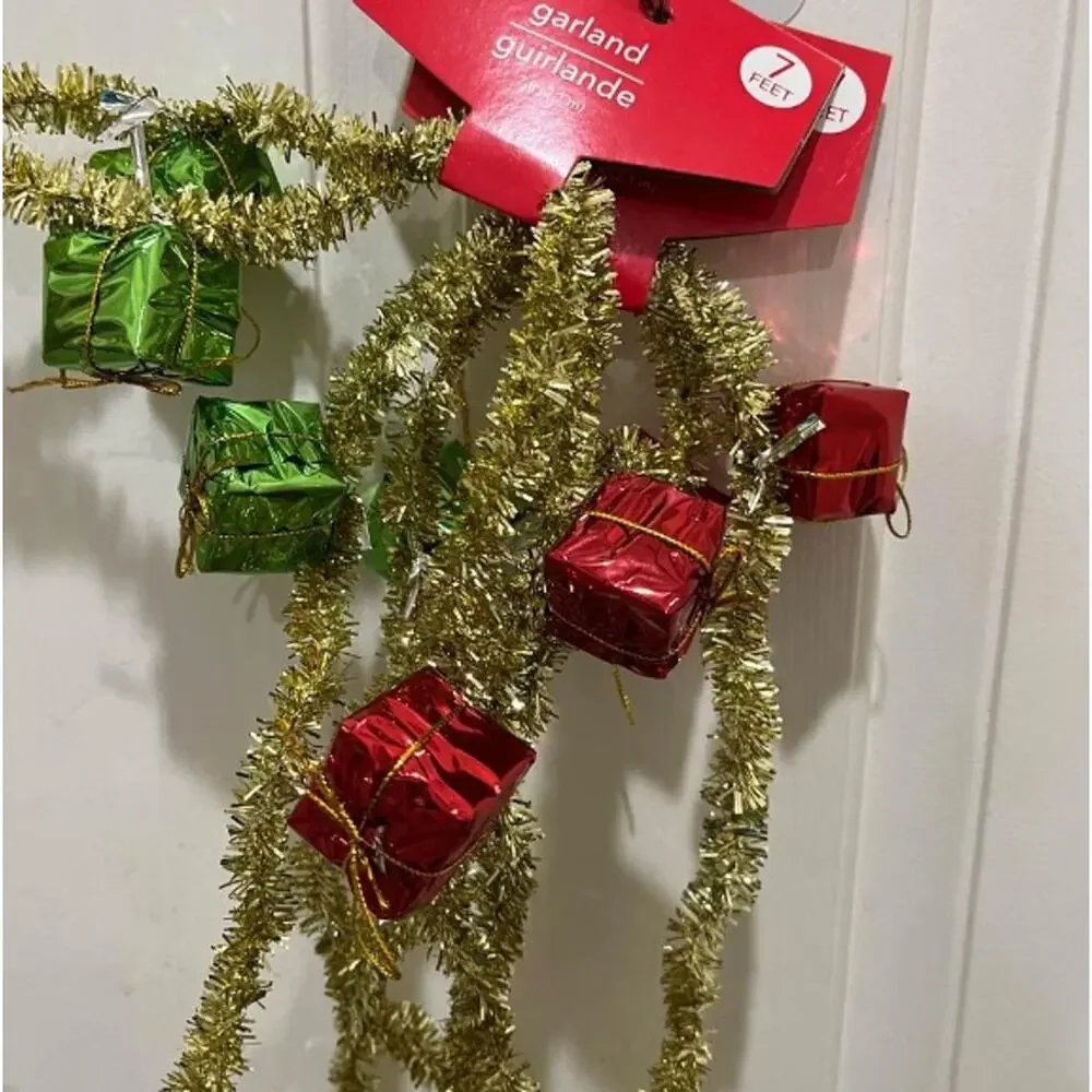 Christmas House Gold Tinsel Garland w/ Wrapped Gift Boxes Set of 2 (14 ft total)
